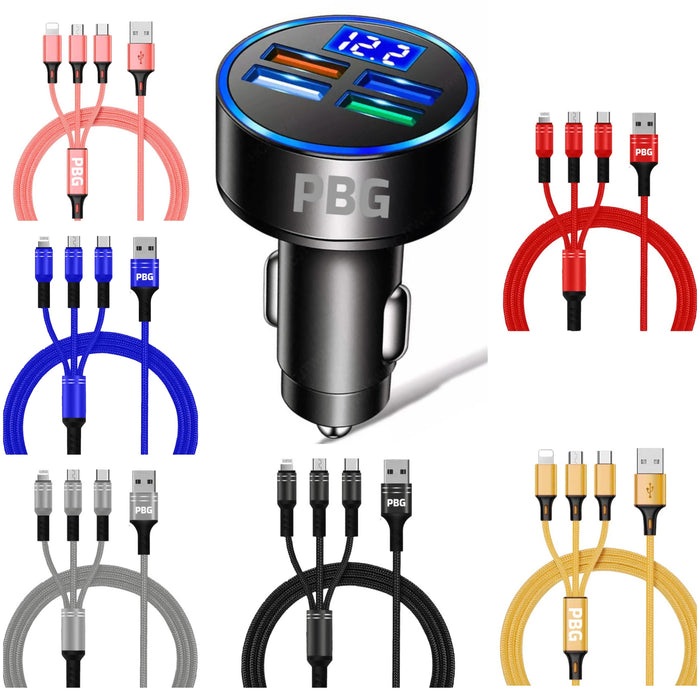 PBG LED 4 Port Car Charger Voltage Display and 3-in-1 Cable Bundle by DailySale