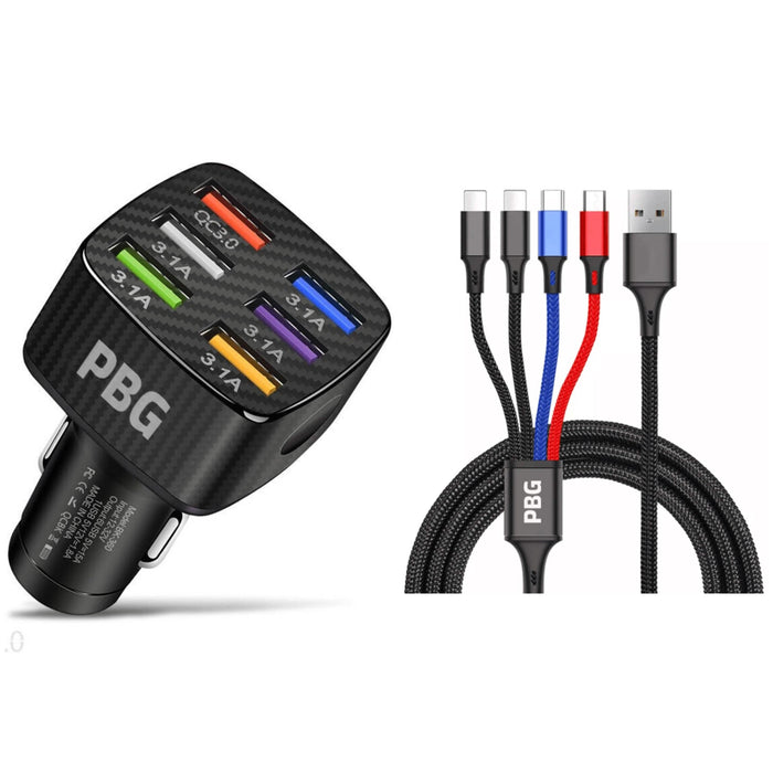 PBG LED 6-Port Car Charger and 4 in 1 Nylon Charging Cable Bundle by DailySale