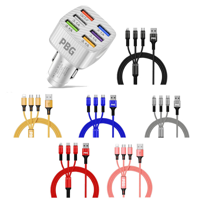 PBG LED 6 Port Car Charger and 4Ft. 3-in-1 Cable Combo by DailySale