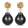 Pear Black Tahitian Pearl Prong Rhodium Plated Silver Teardrop Dangle Earrings