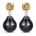 Pear Black Tahitian Pearl Prong Rhodium Plated Silver Teardrop Dangle Earrings by Fine Color Jewels