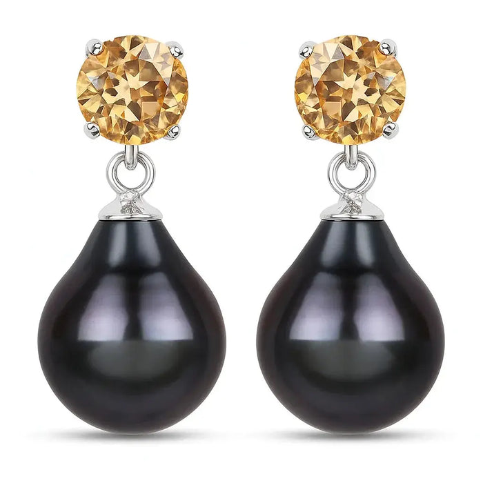 Pear Black Tahitian Pearl Prong Rhodium Plated Silver Teardrop Dangle Earrings by Fine Color Jewels