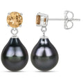 Pear Black Tahitian Pearl Prong Rhodium Plated Silver Teardrop Dangle Earrings by Fine Color Jewels