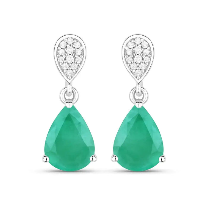 Pear Green Zambian Emerald Diamond Prong 10K Gold Teardrop Dangle Earrings by Fine Color Jewels
