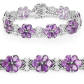 Pear Purple Amethyst Prong Silver Floral Cluster Tennis Bracelet by Fine Color Jewels