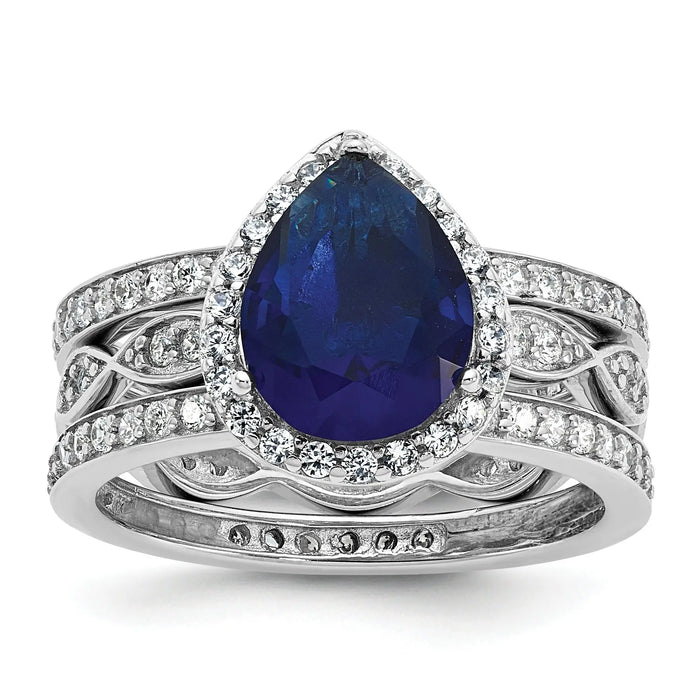 Pear Shaped Created Sapphire Sterling Silver Teardrop Halo Pave Engagement Ring by Fine Color Jewels