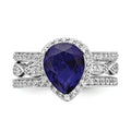 Pear Shaped Created Sapphire Sterling Silver Teardrop Halo Pave Engagement Ring by Fine Color Jewels