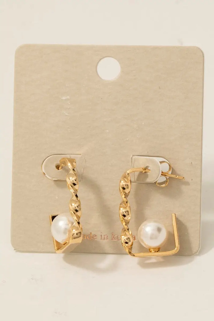 Pearl Bead Rectangle Hoop Earrings by Boutique 23