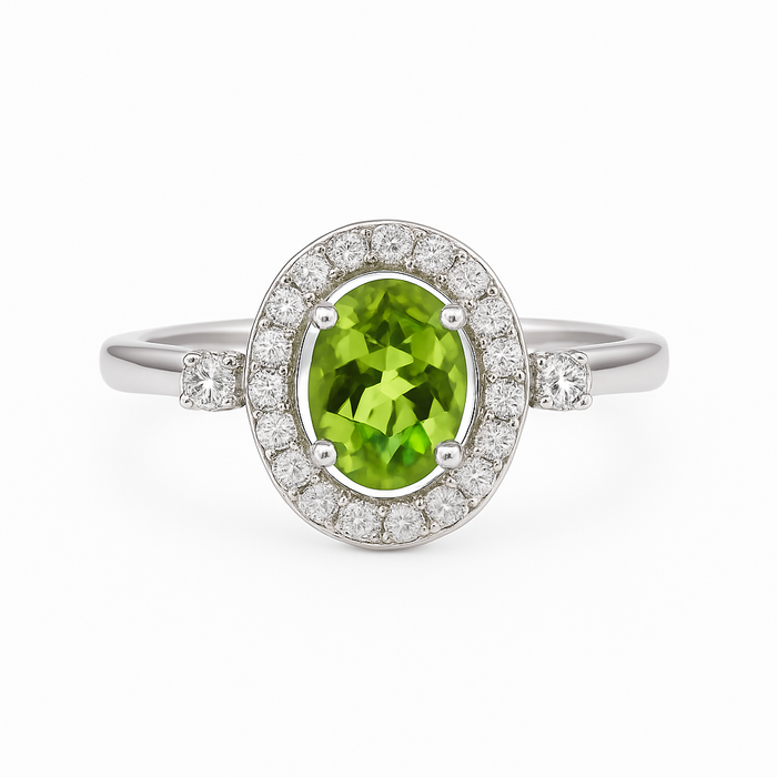 2.48 Ct Oval Green Peridot and White Topaz Prong Silver halo Engagement Ring by Fine Color Jewels