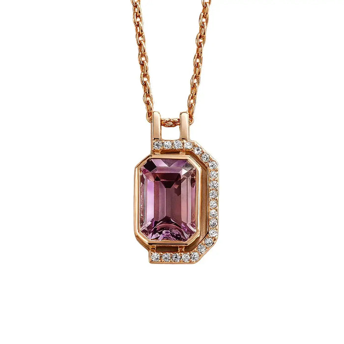 Pink Gold Emerald Cut Amethyst Pendant Necklace by Fine Color Jewels