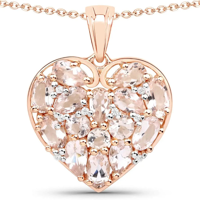 Pink Morganite Prong 18K Rose Gold Over Silver Heart Cluster Pendant Necklace by Fine Color Jewels