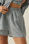 Plaid Textured Seersucker Wide-Leg Pocket Shorts: Chambray by Boutique 23