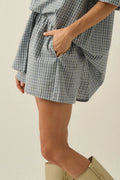 Plaid Textured Seersucker Wide-Leg Pocket Shorts: Chambray by Boutique 23