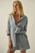 Plaid Textured Seersucker Wide-Leg Pocket Shorts: Chambray by Boutique 23