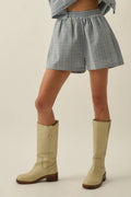 Plaid Textured Seersucker Wide-Leg Pocket Shorts: Chambray by Boutique 23