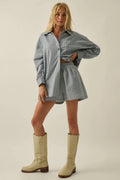 Plaid Textured Seersucker Wide-Leg Pocket Shorts: Chambray by Boutique 23