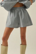 Plaid Textured Seersucker Wide-Leg Pocket Shorts: Chambray by Boutique 23