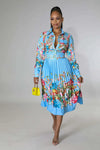 Pleated Print Long Sleeve Mid-Calf Lapel Standard-Waist Pullover Dress