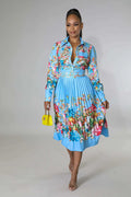Pleated Print Long Sleeve Mid-Calf Lapel Standard-Waist Pullover Dress by Fasheabe