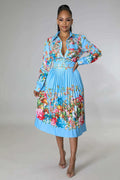 Pleated Print Long Sleeve Mid-Calf Lapel Standard-Waist Pullover Dress by Fasheabe
