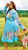 Pleated Print Long Sleeve Mid-Calf Lapel Standard-Waist Pullover Dress by Fasheabe
