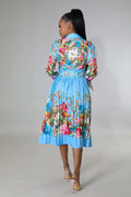 Pleated Print Long Sleeve Mid-Calf Lapel Standard-Waist Pullover Dress by Fasheabe