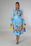 Pleated Print Long Sleeve Mid-Calf Lapel Standard-Waist Pullover Dress