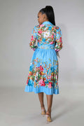 Pleated Print Long Sleeve Mid-Calf Lapel Standard-Waist Pullover Dress by Fasheabe