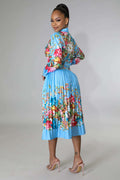 Pleated Print Long Sleeve Mid-Calf Lapel Standard-Waist Pullover Dress by Fasheabe