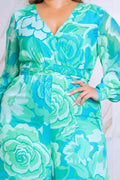 Plus Size Floral Print Jumpsuit with Long Bishop Split Sleeves - Green by Fasheabe