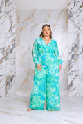 Plus Size Floral Print Jumpsuit with Long Bishop Split Sleeves - Green by Fasheabe