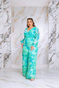 Plus Size Floral Print Jumpsuit with Long Bishop Split Sleeves - Green by Fasheabe