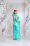 Plus Size Floral Print Jumpsuit with Long Bishop Split Sleeves - Green by Fasheabe
