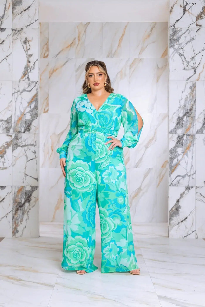 Plus Size Floral Print Jumpsuit with Long Bishop Split Sleeves - Green by Fasheabe