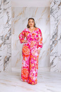 Plus Size Floral Print Jumpsuit with Long Bishop Split Sleeves - Pink by Fasheabe