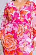 Plus Size Floral Print Jumpsuit with Long Bishop Split Sleeves - Pink by Fasheabe