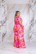 Plus Size Floral Print Jumpsuit with Long Bishop Split Sleeves - Pink by Fasheabe