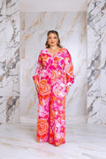 Plus Size Floral Print Jumpsuit with Long Bishop Split Sleeves - Pink by Fasheabe