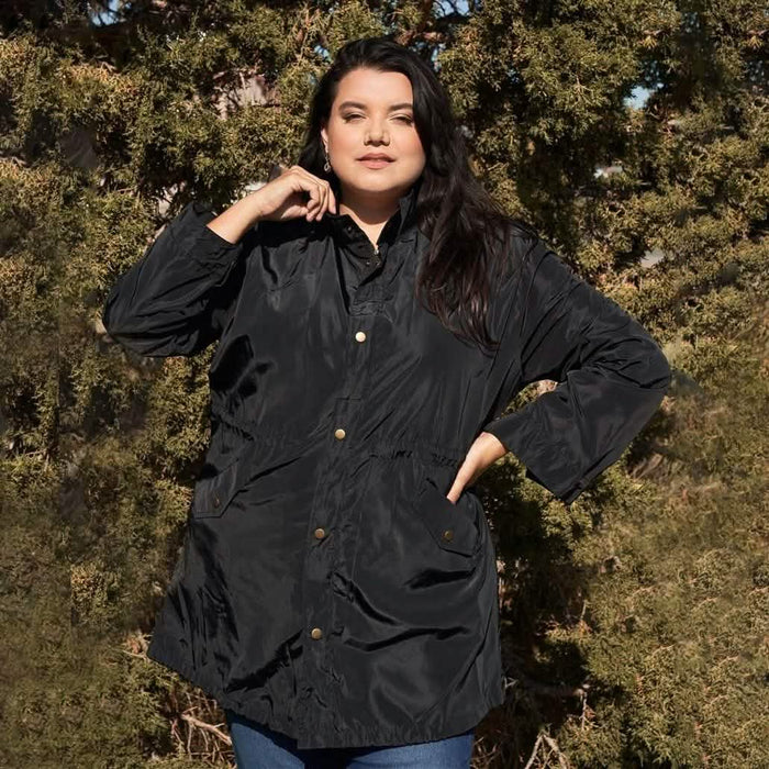 Plus Size Glossy Drawstring Hem Button-Down Coach Jacket by DailySale