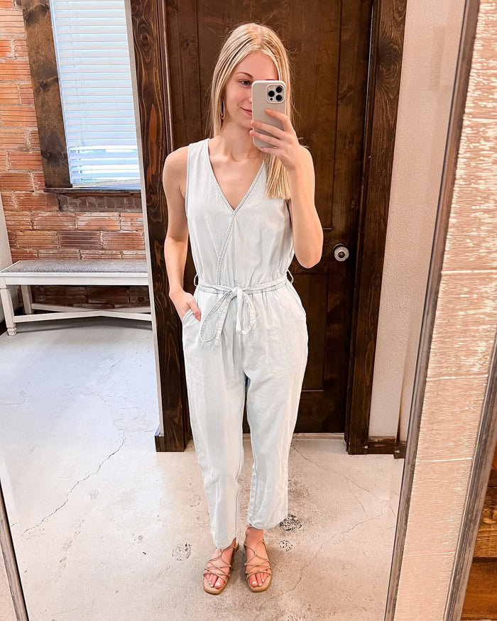 Pocketed Chambray Sleeveless Jumpsuit by Boutique 23