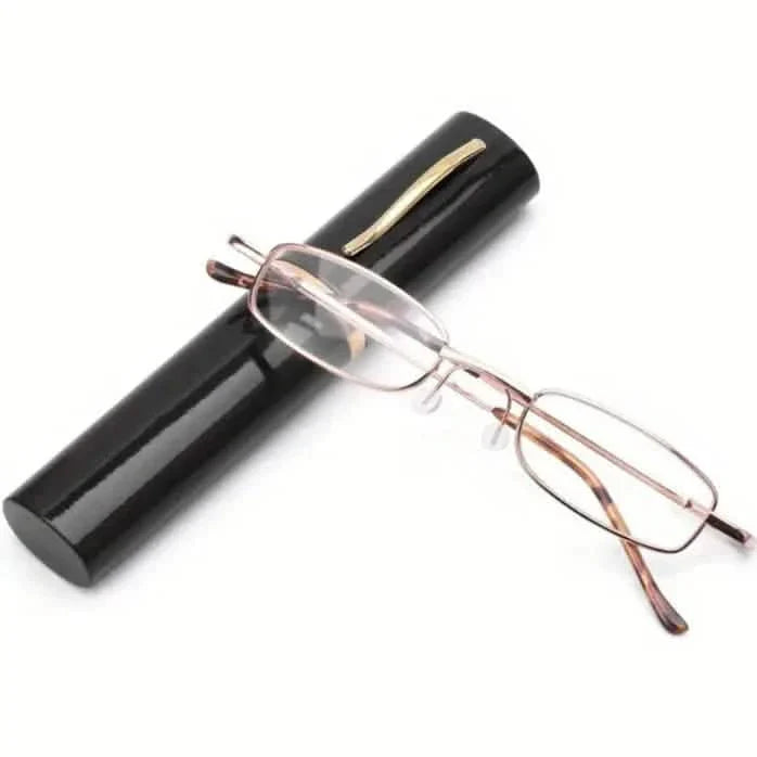 Portable Presbyopia Reading Glasses with Pen Tube Case - Unisex, Metal Frame, Spring Hinge, +1.00~+4.00, Plastic Lens by DailySale
