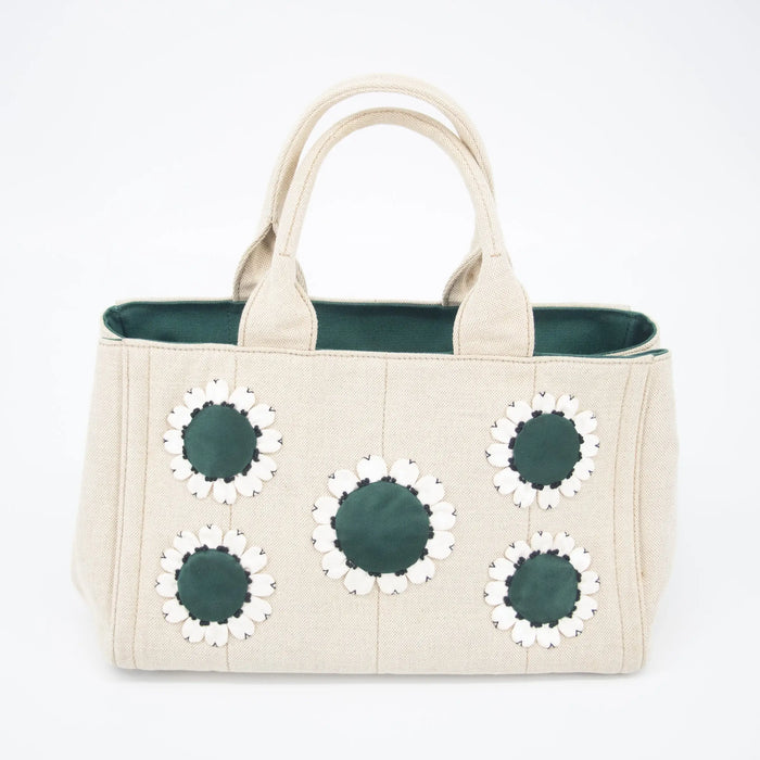 Prada Beige x Green Canapa Canvas x Satin Flower Tote Bag #2265 by Bolt Boutique