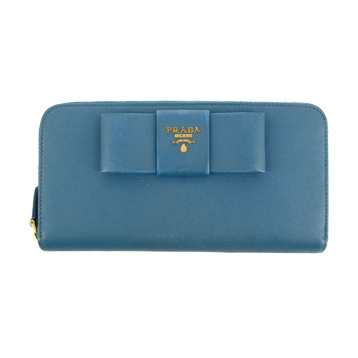 Prada Blue Saffiano Leather Long Bow Zip Around Wallet #3427 by Bolt Boutique