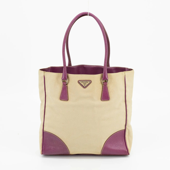 Prada Canvas x Leather Beige x Purple Tote Bag #1743 by Bolt Boutique
