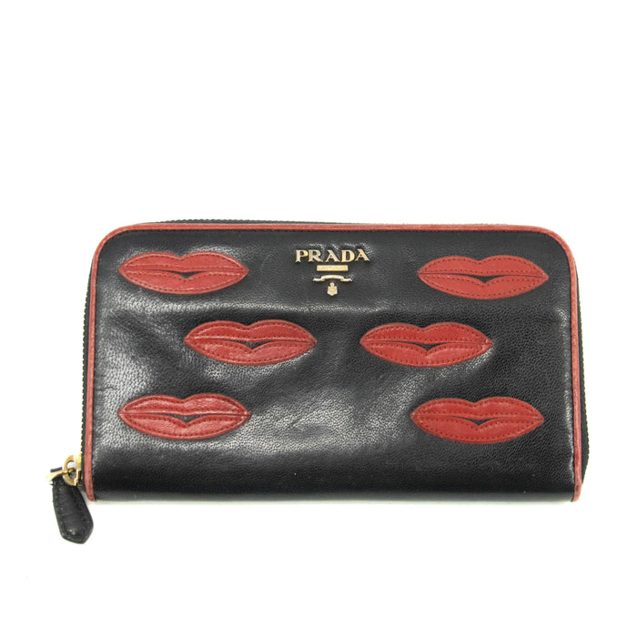 Prada Lips Applique Black Leather Zip Around Wallet #3955 by Bolt Boutique