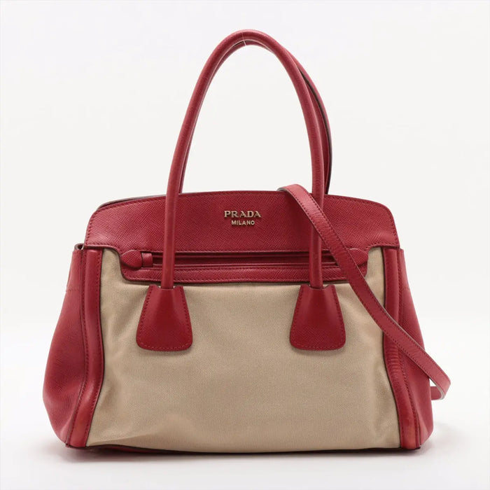 Prada Red/Beige Saffiano Cuir-Trimmed Canapa Tote #1815 by Bolt Boutique