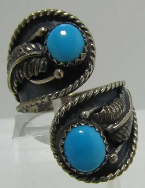 Sleeping Beauty Turquoise Bypass Ring, Sterling Silver, Southwestern Feather Design by Price Is Right Miami
