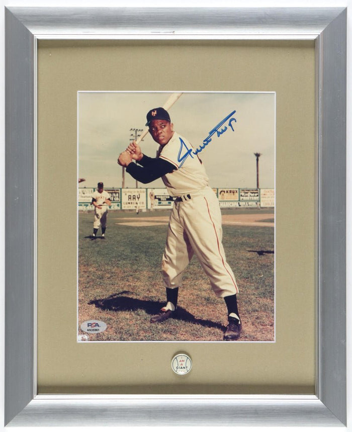 Willie Mays Signed Giants Framed Photo with 1955 Pin (PSA) by Price Is Right Miami