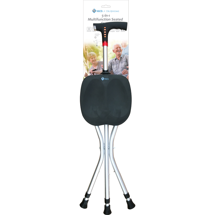 V6CO Heavy Duty 5-in-1 Multi-Function Seated Walking Cane with Adjustable Height by Pasteur Pharmacy