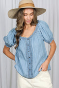 Puff Short Sleeve Ruffle Details Chambray Top by Boutique 23